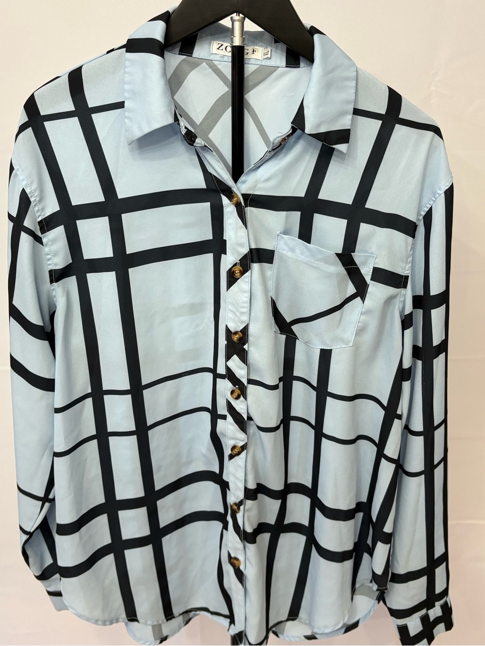 Windowpane Light Blue Button-Up Blouse